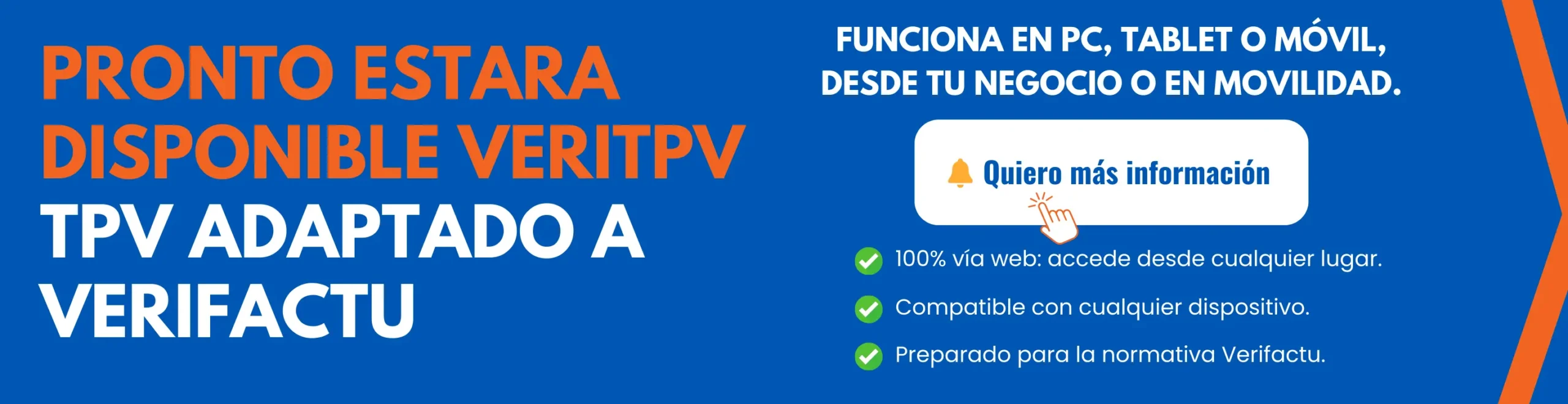 Banner informativo: TPV adaptado a Verifactu disponible pronto, compatible con PC, tablet y móvil, vía web
