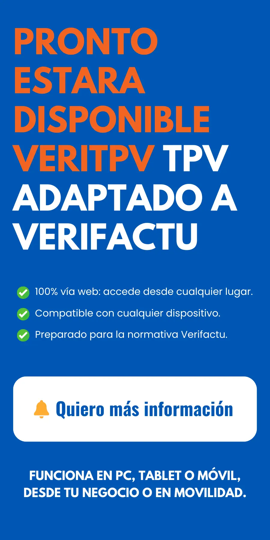 Banner promocional: Pronto estará disponible VeriTPV, TPV adaptado a Verifactu, 100% web y compatible con PC, tablet y móvil