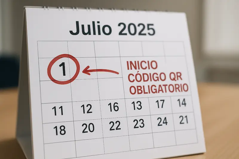 Imagen de un calendario marcando la fecha exacta del 1 de julio de 2025 como obligatoria para el código QR en las facturas.
