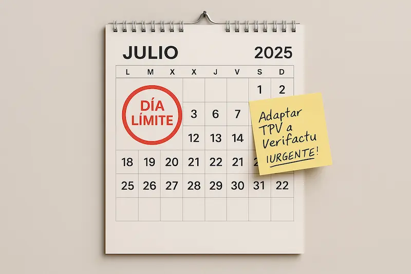 TPV 2025: Guía para Elegir un Terminal Adaptado a Verifactu 4 Un calendario marcando la fecha del 1 de julio de 2025 como "Fecha Límite Obligatoria para adaptar TPV a Verifactu".