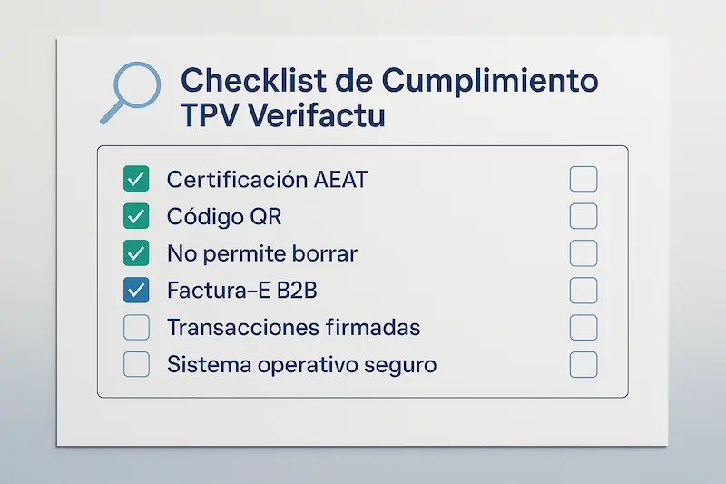TPV 2025: Guía para Elegir un Terminal Adaptado a Verifactu 9 Una checklist gráfica con los puntos clave para verificar si un TPV cumple con la normativa Verifactu.