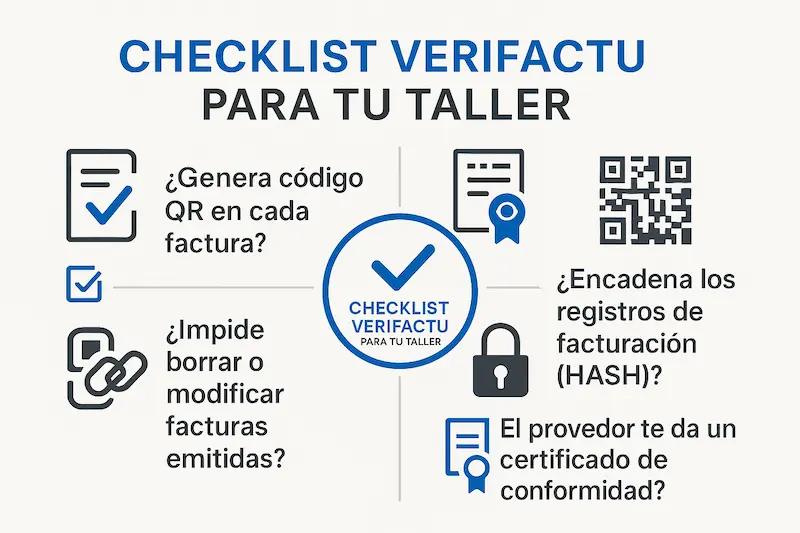 ¿Están los Talleres Mecánicos Obligados a VeriFactu? Guía 2025 3 Checklist para verificar si un software para taller mecánico cumple con la normativa VeriFactu.