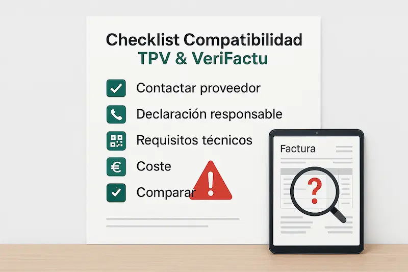 Checklist visual para comprobar si un TPV actual será compatible con VeriFactu o se necesita uno nuevo.