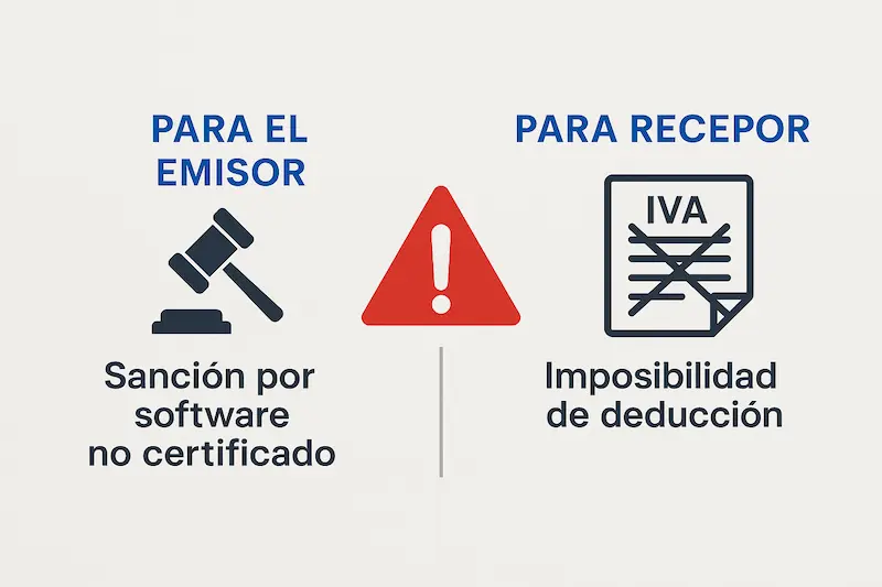 Infografía mostrando las consecuencias de una factura sin QR de VeriFactu para el emisor (sanciones) y el receptor (no deducción).
