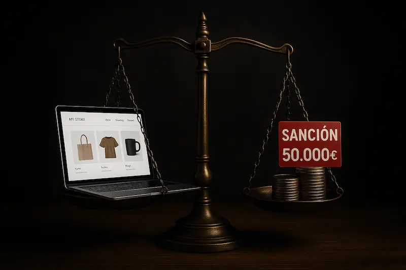 Una balanza de la justicia desequilibrada, en un lado una tienda online y en el otro una pila de monedas con el símbolo del euro y una señal de sanción.