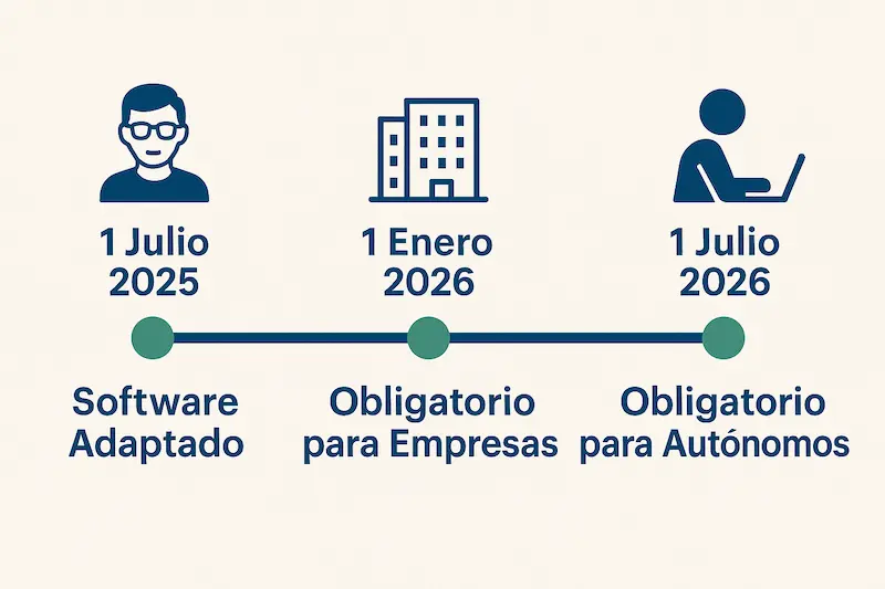 eriFactu para Autónomos: ¿Cuándo es Obligatorio? Guía 2026 🗓️ 1 Infografía de una línea de tiempo con las fechas clave de la obligatoriedad de VeriFactu para desarrolladores, empresas y autónomos.