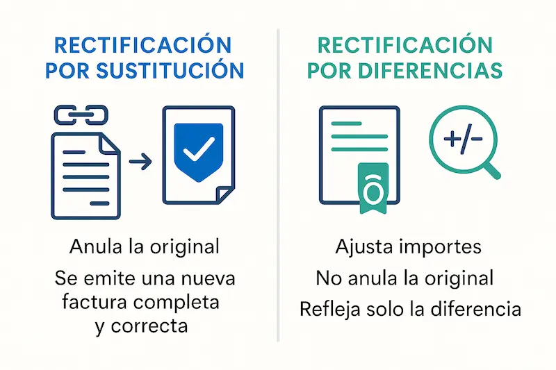 ¿Cómo Emitir una Factura Rectificativa con VeriFactu? (Guía 2025) 1 Infografía comparando una factura rectificativa por sustitución y una por diferencias.