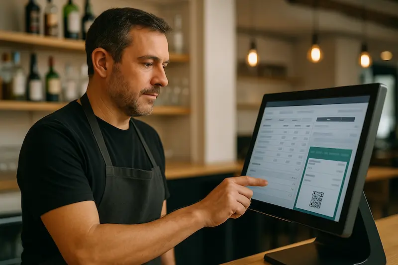 Dueño de un bar utilizando un TPV moderno, demostrando que los bares, restaurantes y comercios minoristas están obligados a usar VeriFactu.