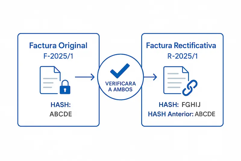 ¿Cómo Emitir una Factura Rectificativa con VeriFactu? (Guía 2025) 2 Esquema del encadenamiento de registros VeriFactu para una factura rectificativa.