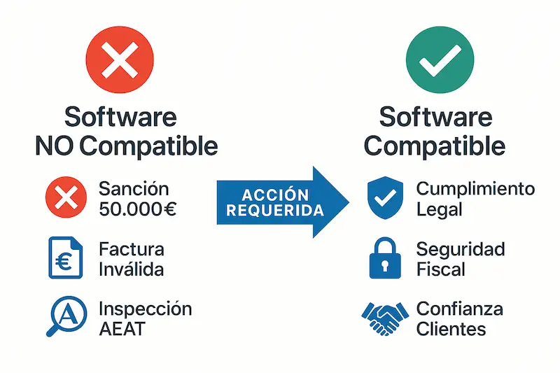Software no compatible con VeriFactu: Riesgos y Soluciones 2025 1 Infografía que muestra los riesgos de un software no compatible con VeriFactu (multas, facturas inválidas) y las soluciones (actualizar, cambiar de software).