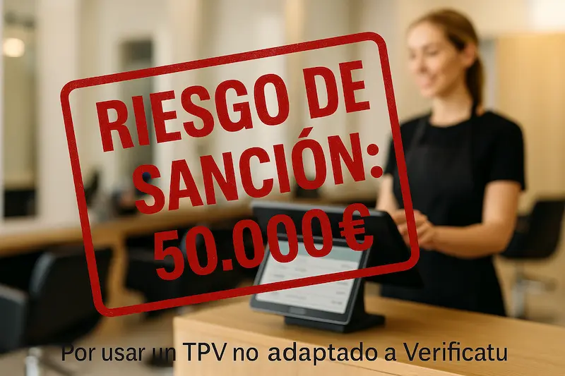 TPV para Peluquerías en 2025: Guía Adaptada a Verifactu y Factura Electrónica 13 Un símbolo de advertencia grande con el texto "50.000€ de MULTA" sobre la imagen de un TPV obsoleto en un salón de belleza.