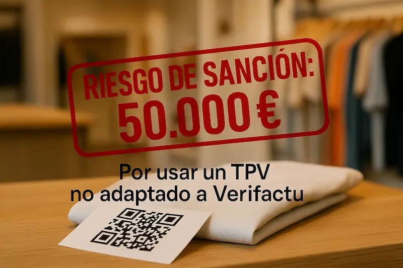 Un símbolo de advertencia grande con el texto "50.000€ DE SANCIÓN" sobre la imagen de un TPV antiguo en una boutique.