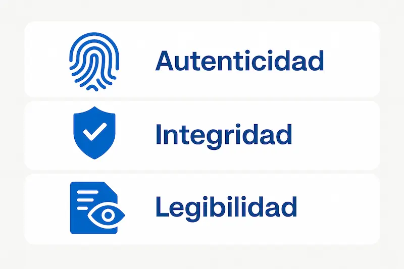 Infografía con tres iconos que representan los pilares de cuál es la validez de una factura electrónica: autenticidad, integridad y legibilidad.