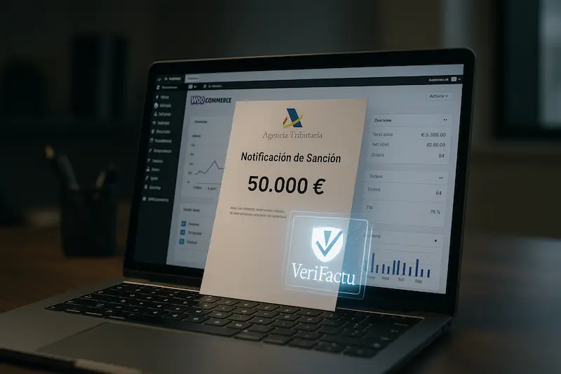 Una notificación oficial de sanción de la Agencia Tributaria sobre la pantalla de un portátil que muestra un dashboard de WooCommerce.