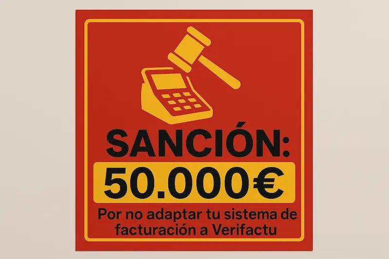 TPV 2025: Guía para Elegir un Terminal Adaptado a Verifactu 10 Un icono de una bolsa de dinero con un símbolo de exclamación grande y el texto "Hasta 50.000€ de multa".