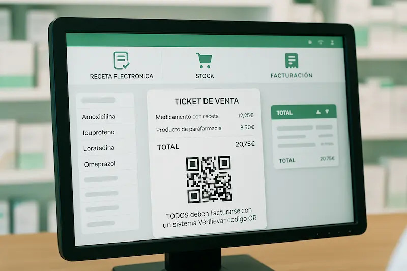 ¿Están las Farmacias Obligadas a Usar VeriFactu? Guía Clave 2025 1 Pantalla de un software de gestión para farmacias mostrando la compatibilidad con VeriFactu.