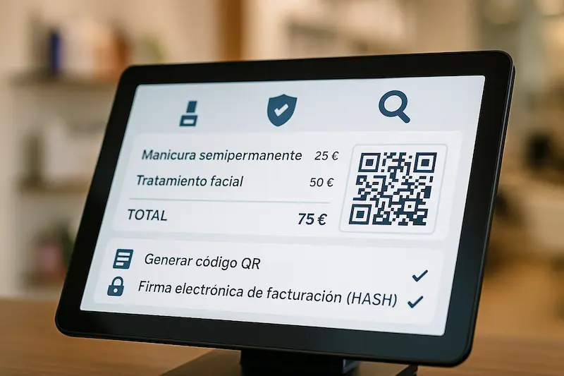 ¿Están las Peluquerías Obligadas a VeriFactu? Guía Clave 2025 3 Una pantalla de TPV en una peluquería mostrando una interfaz compatible con VeriFactu con un código QR.
