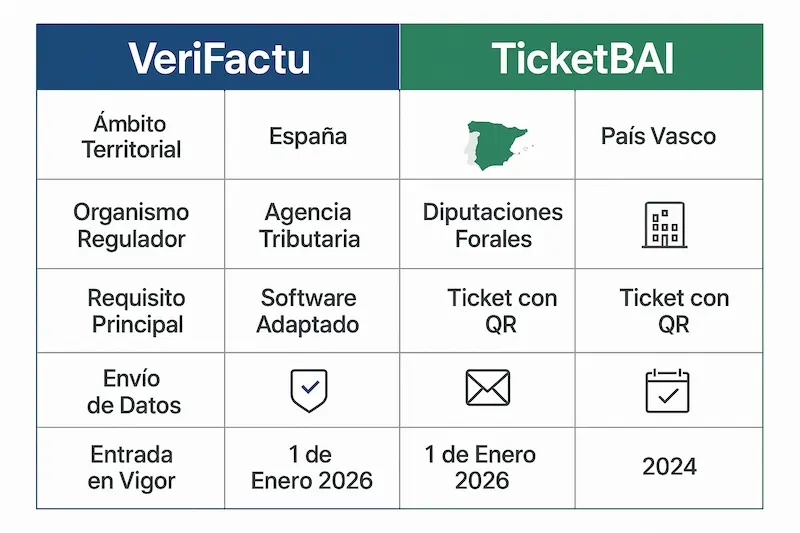 Tabla comparativa detallando las diferencias entre VeriFactu y TicketBAI en varios puntos clave.