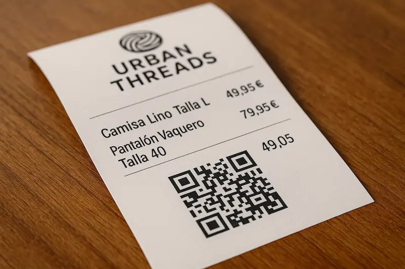 Un ticket de compra de una tienda de ropa donde se ve claramente un código QR junto al desglose de los artículos.