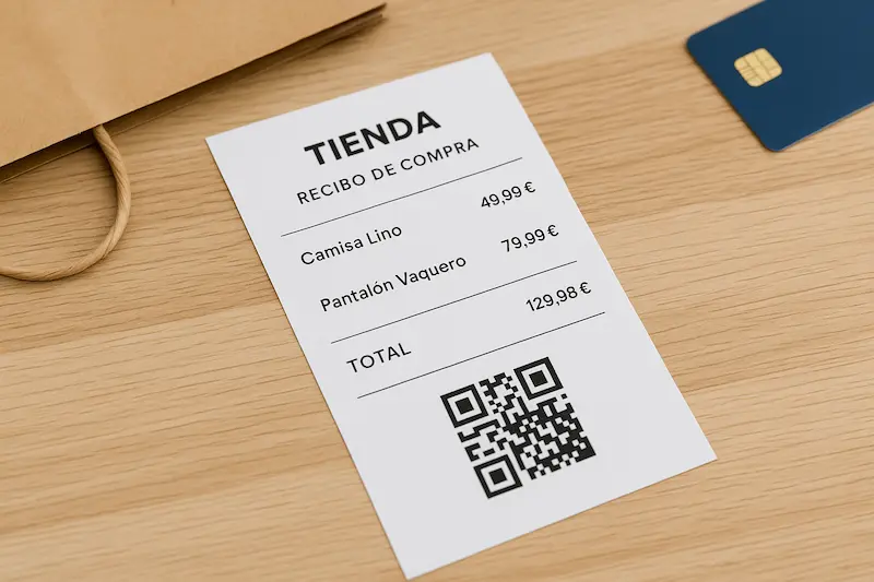 ¿Tu Tienda de Ropa está Obligada a VeriFactu? Guía TPV 2025 3 Ticket de compra de una tienda de ropa con un código QR obligatorio de VeriFactu.