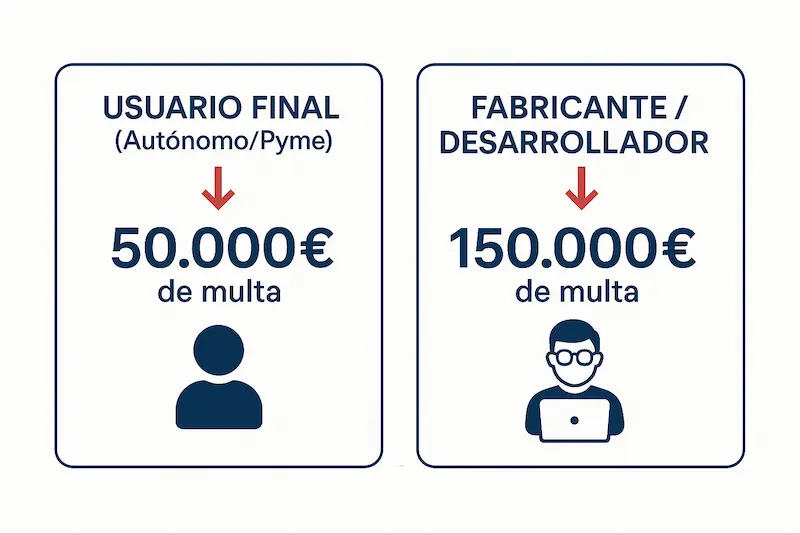 Infografía que divide en dos las sanciones de VeriFactu: la multa de 50.000€ al usuario y la de 150.000€ al desarrollador.