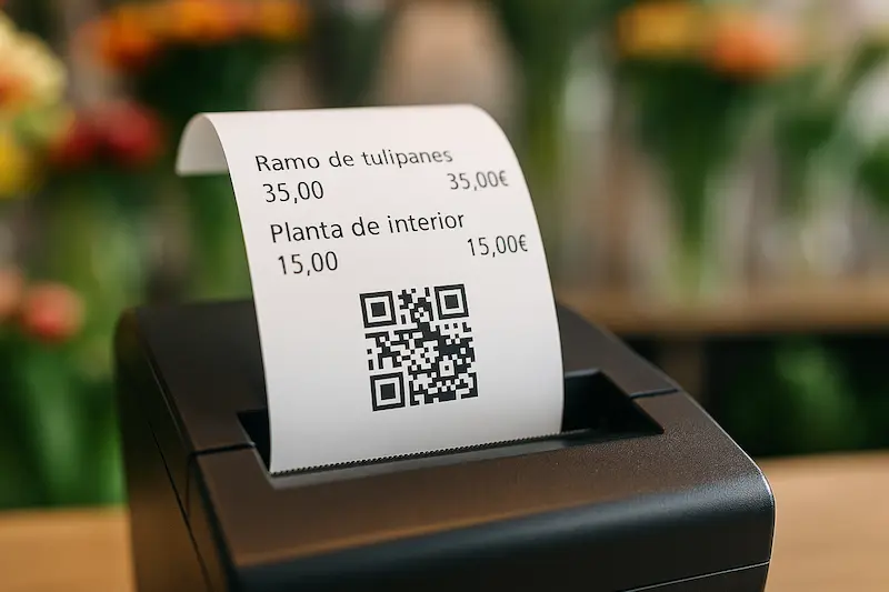 ¿Están las Floristerías Obligadas a Usar VeriFactu? Guía 2025 3 TPV de una floristería emitiendo un ticket con código QR VeriFactu.