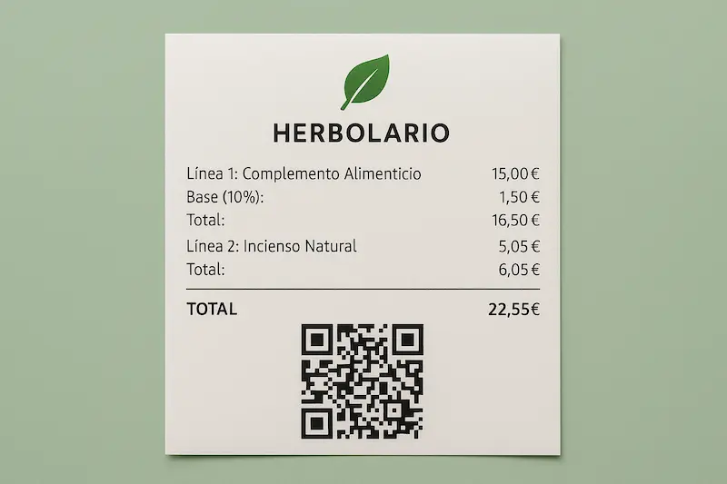 ¿Tu Herbolario está Obligado a Usar VeriFactu? Guía TPV 2025 3 TPV de un herbolario mostrando un ticket con diferentes tipos de IVA y un código QR de VeriFactu.