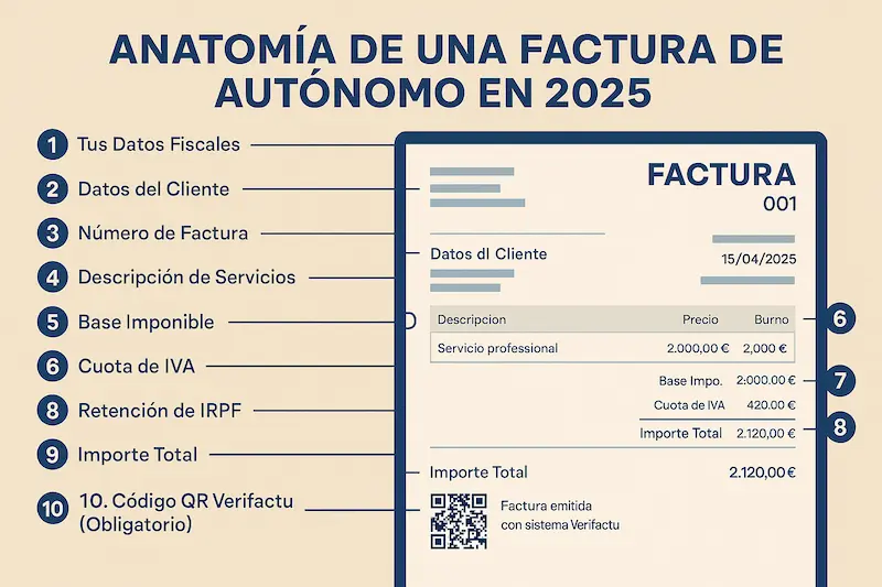 Infografía que desglosa las partes obligatorias de la primera factura de un autónomo con los nuevos requisitos de Verifactu.