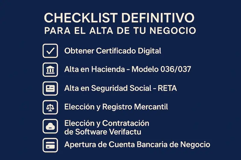 Checklist con los pasos para el alta de un nuevo negocio en España.
