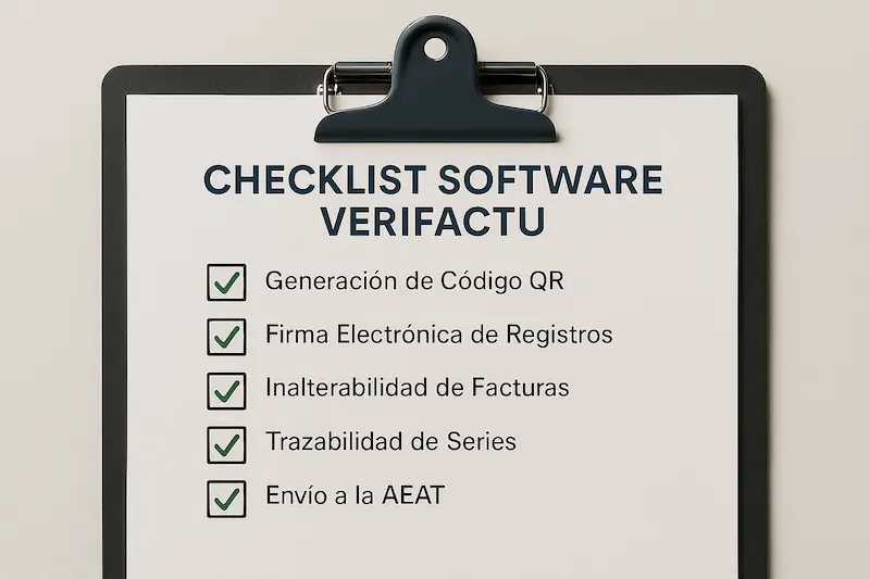 Checklist con los requisitos que debe cumplir un software para ser compatible con Verifactu, como el código QR y la firma electrónica.