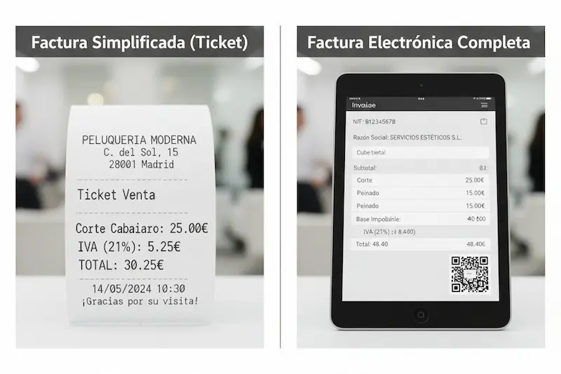 ¿Se puede emitir factura electrónica desde un TPV de peluquería? 1 Comparativa visual entre un ticket de TPV y una factura electrónica mostrada en la pantalla del mismo TPV.