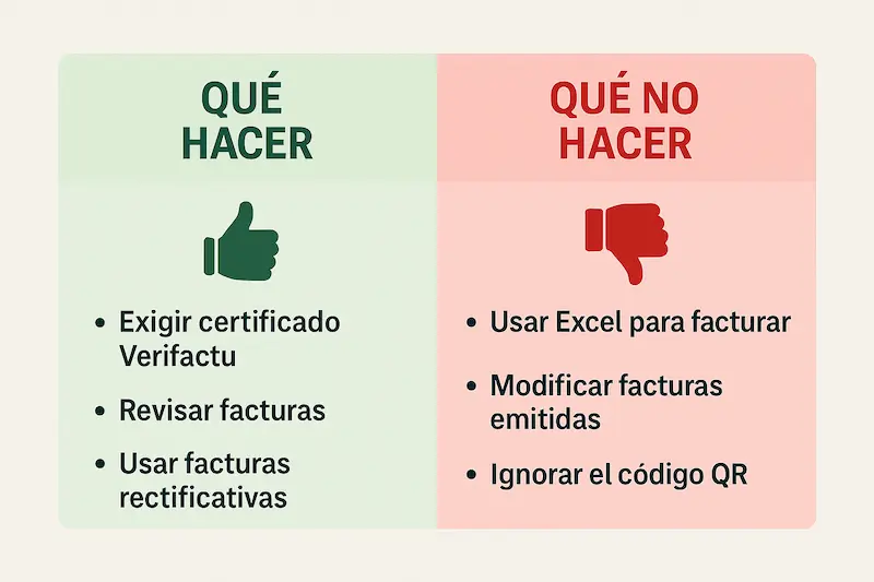 Tabla comparativa de acciones correctas e incorrectas bajo la normativa Verifactu.