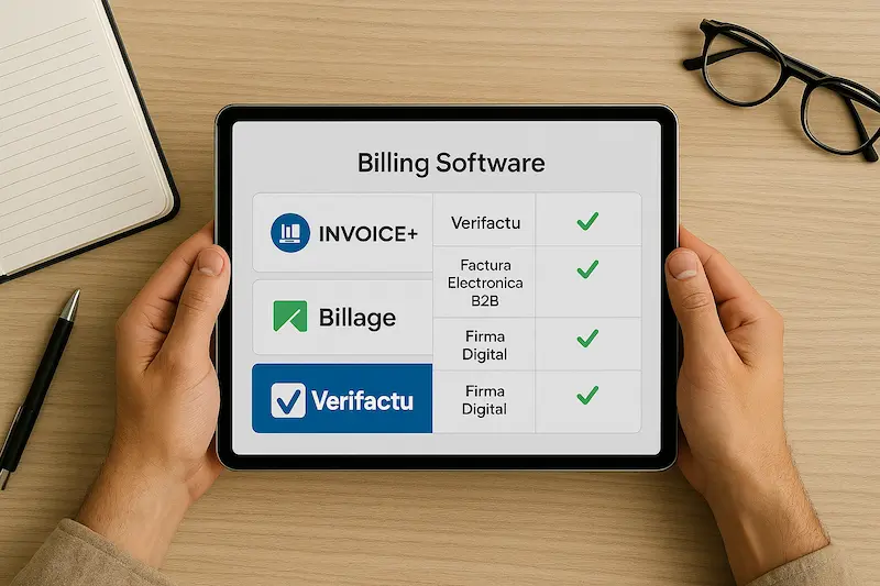 Un autónomo comparando diferentes opciones de software Verifactu en una tablet para iniciar su negocio autónomo.