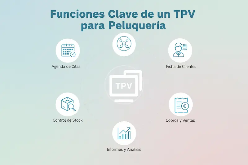 ¿Qué es un TPV para Peluquería y Para Qué Sirve? Guía Completa 1 Infografía mostrando las funciones clave de un TPV para peluquería: agenda, clientes, stock, ventas y análisis.
