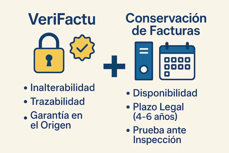 Infografía comparando el propósito de VeriFactu (integridad en la creación) con el de la conservación de facturas (disponibilidad a futuro).