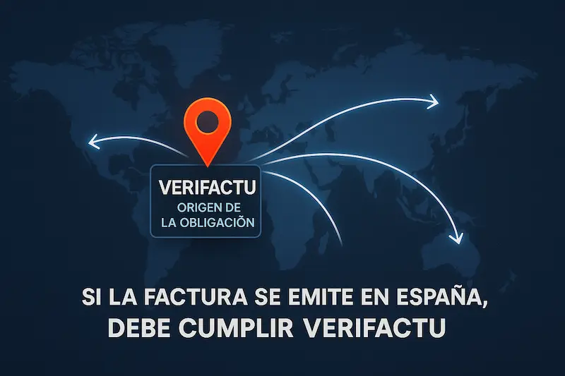 Mapa del mundo con una flecha saliendo de España, indicando que las facturas VeriFactu se emiten a clientes extranjeros.