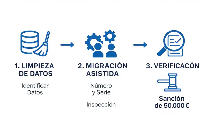 Un diagrama que muestra el proceso de una migración de datos exitosa hacia un software Verifactu, con pasos de limpieza, importación y verificación.