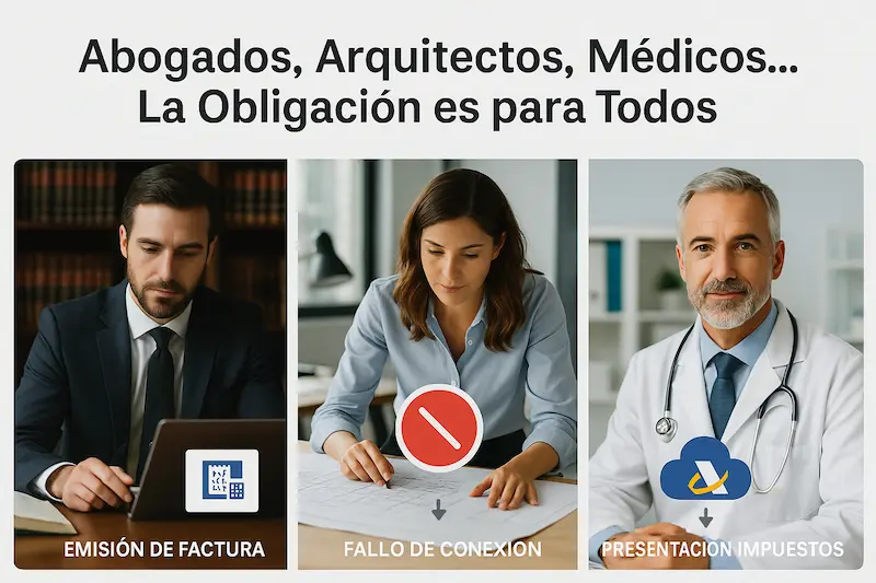 Mosaico de imágenes representando a diferentes profesionales liberales: un abogado, un arquitecto y un médico.