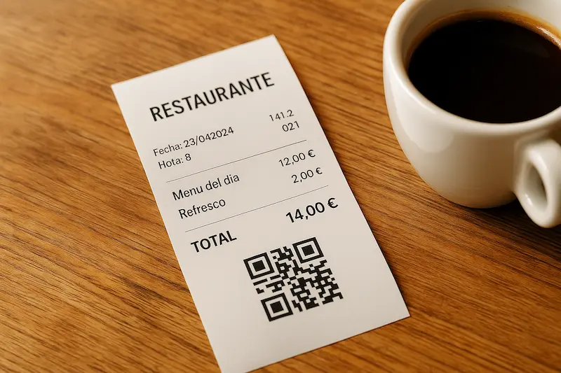 Imagen de un ticket de compra realista emitido por un TPV donde se destaca un código QR.