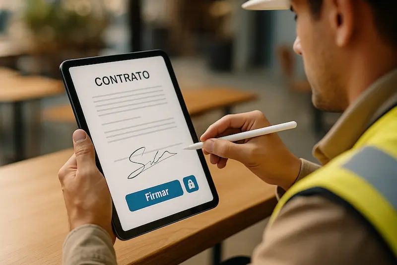 Una persona firmando un documento en una tablet, representando una app móvil como alternativa a AutoFirma.