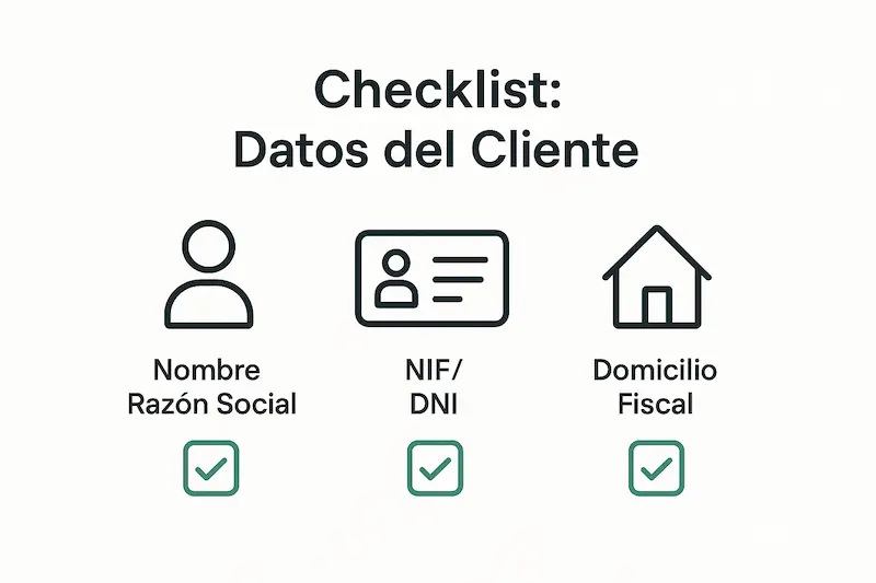 Infografía con el checklist de datos obligatorios del cliente para una factura Verifactu.