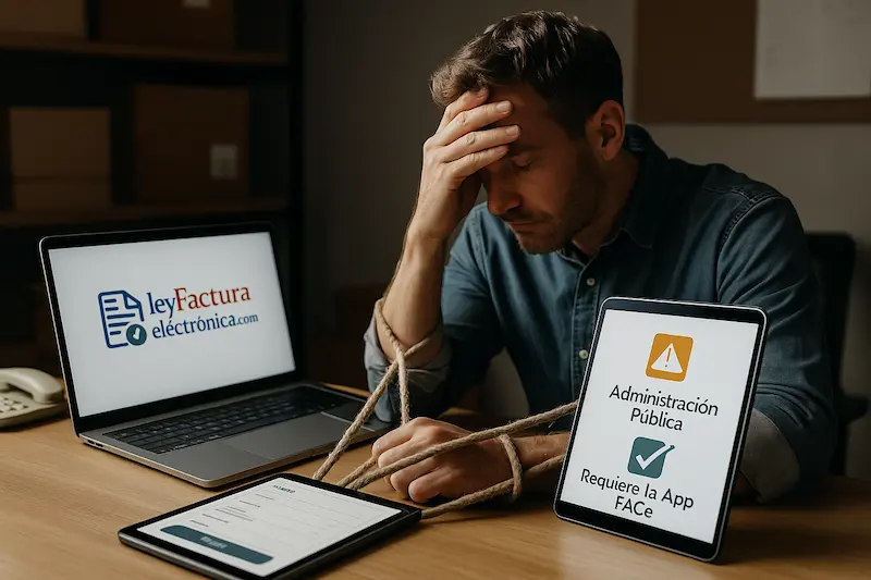 Guía App de Facturación AEAT: La Verdad sobre la Herramienta Gratuita 2 Empresario frustrado con las manos atadas por una herramienta de facturación básica.
