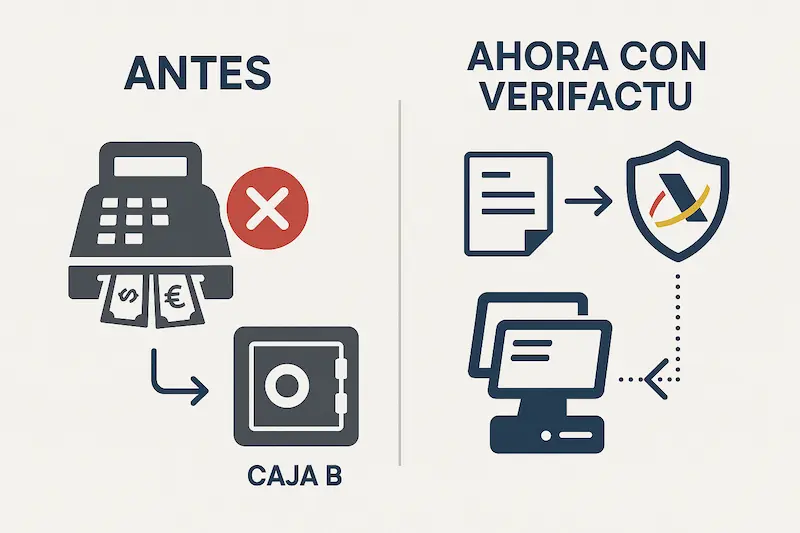 Infografía comparando la gestión de efectivo antes de VeriFactu (caja B) y después de VeriFactu (registro TPV inalterable).