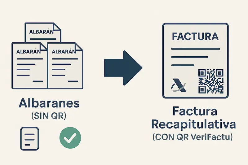 VeriFactu y Albaranes: ¿Es Obligatorio el QR en Notas de Entrega? 1 Infografía mostrando el flujo desde varios albaranes sin QR a una única factura recapitulativa que sí tiene el código QR de VeriFactu.