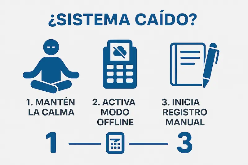 Infografía con los 3 pasos clave a seguir cuando un sistema VeriFactu se cae.