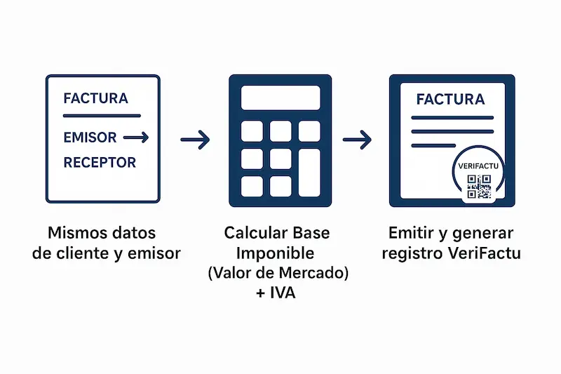 Infografía de 3 pasos que muestra cómo crear una autofactura para registrar un autoconsumo en un sistema VeriFactu.