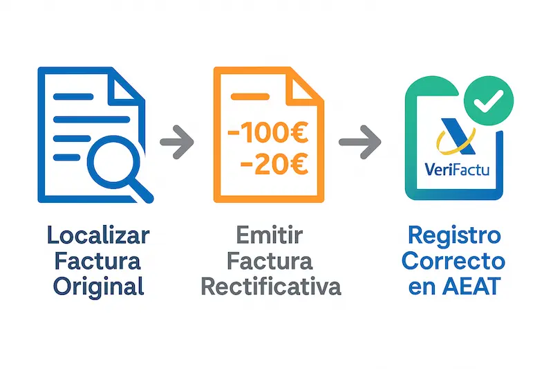 Devolución con Tarjeta en VeriFactu: Guía Paso a Paso 2025 1 Infografía mostrando el proceso de una devolución con VeriFactu: Localizar factura original, emitir factura rectificativa con importes negativos, y registrar la anulación.