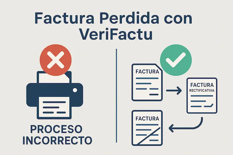 Infografía comparando el proceso incorrecto de re-emitir un duplicado con el proceso correcto de emitir una factura rectificativa bajo VeriFactu.