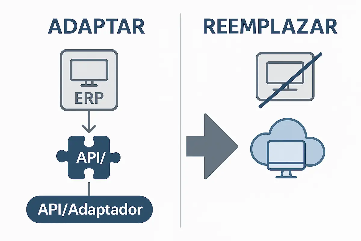Infografía comparando los dos caminos para cumplir Verifactu: 'Adaptar' con un conector y 'Reemplazar' con un nuevo software.