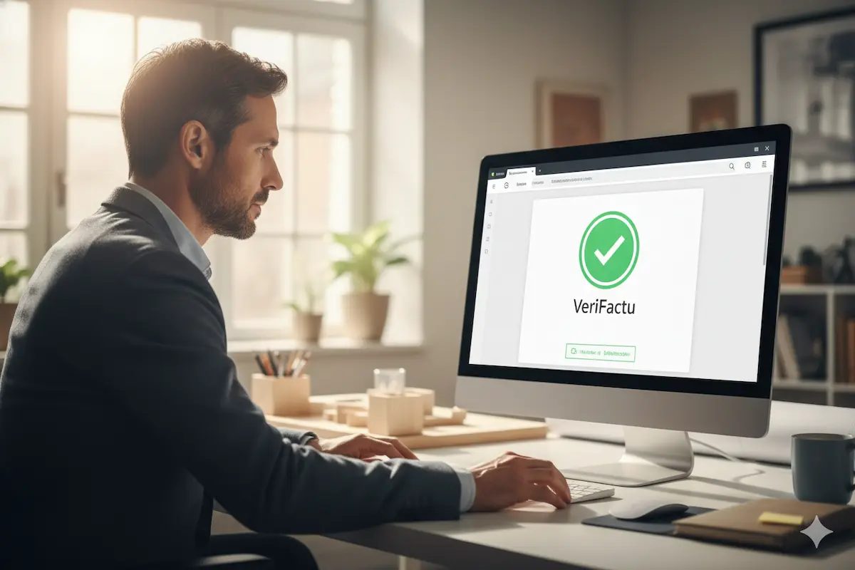 ¿Los Arquitectos y Estudios de Arquitectura están Obligados a Usar VeriFactu? Un arquitecto revisa en su ordenador el software de facturación VeriFactu, preparándose para la obligación legal de 2026.